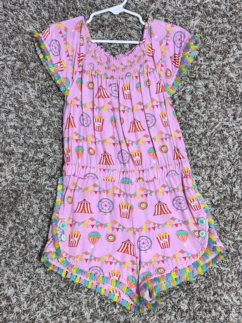 Matilda Jane girls Pink Carnival Smocked Romper with Rainbow Accent